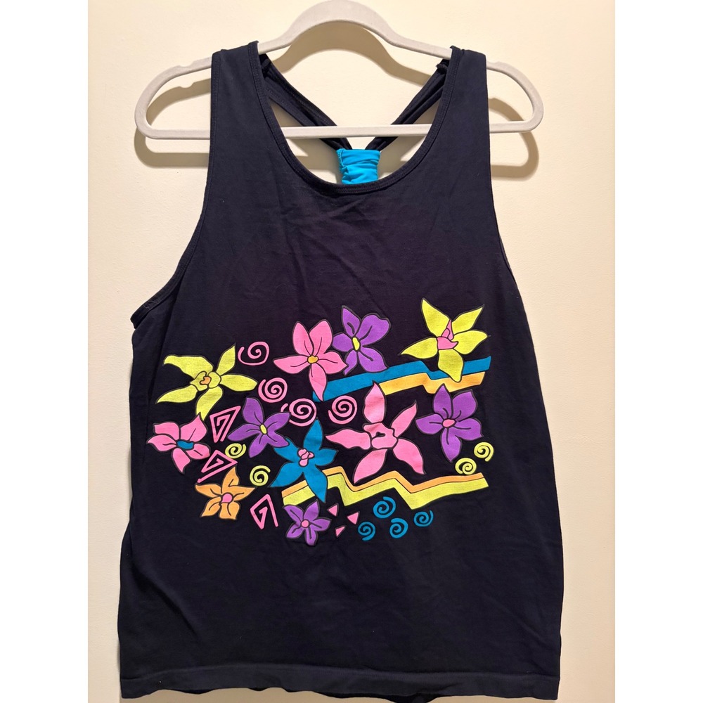 Vintage Electric Beach Jantzen Tank Top Womens One Size Black Neon Floral USA